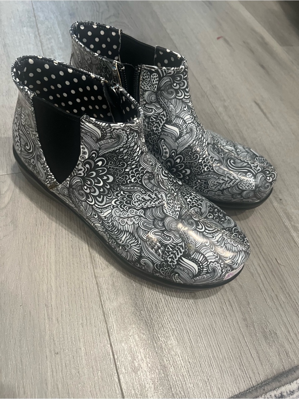 Alegria Black & White Patterned Ankle Rain Boots